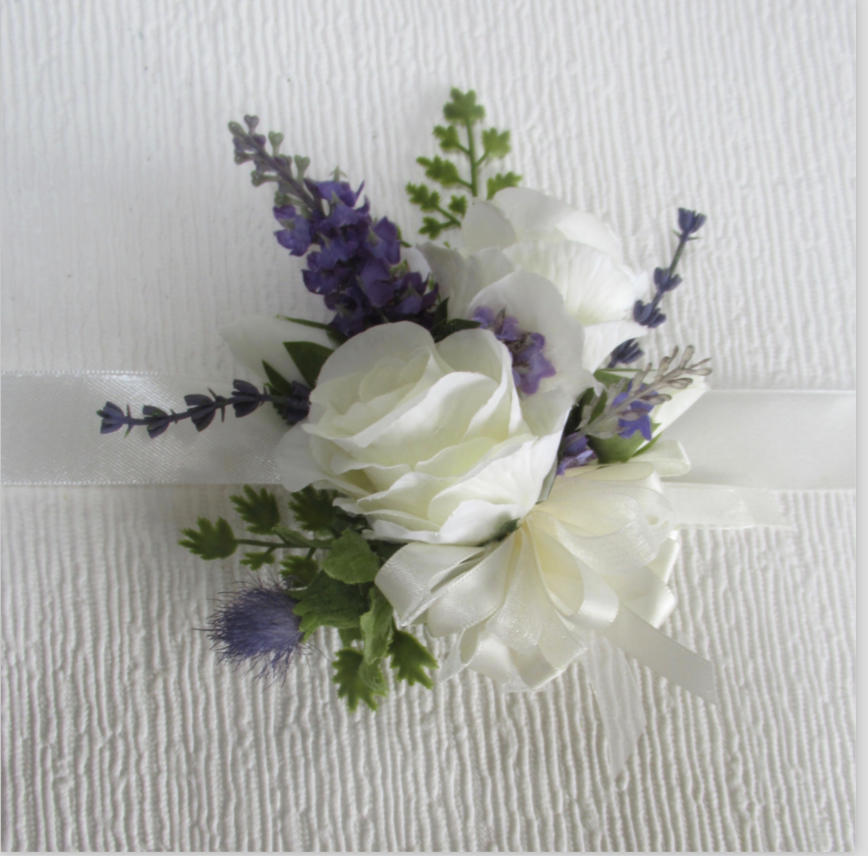WRIST CORSAGE Ivory silk roses with thistle, lavender and real touch fern