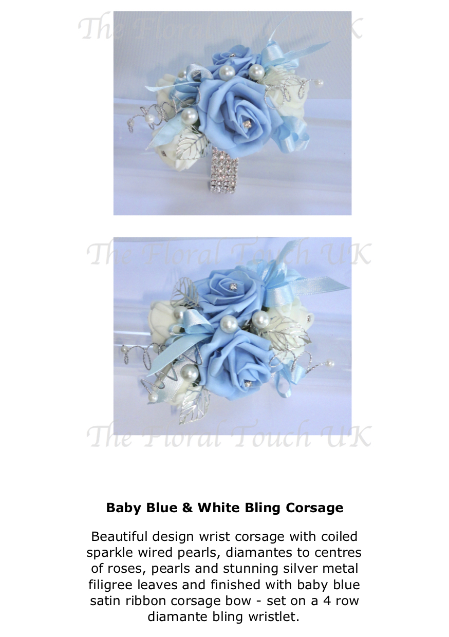 The Floral Touch UK.com | Wrist Corsages | Prom Corsage ...
 White And Baby Blue Corsage