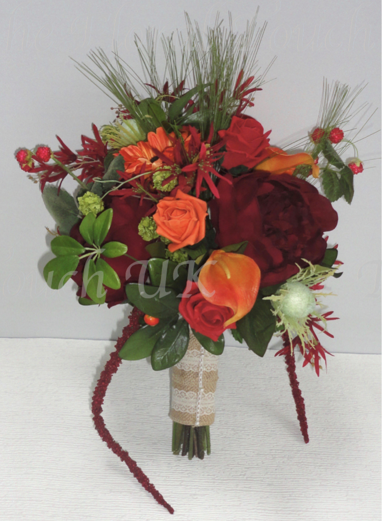 Deep Red & Orange Rustic Style Bridal Bouquet, artificial wedding flowers