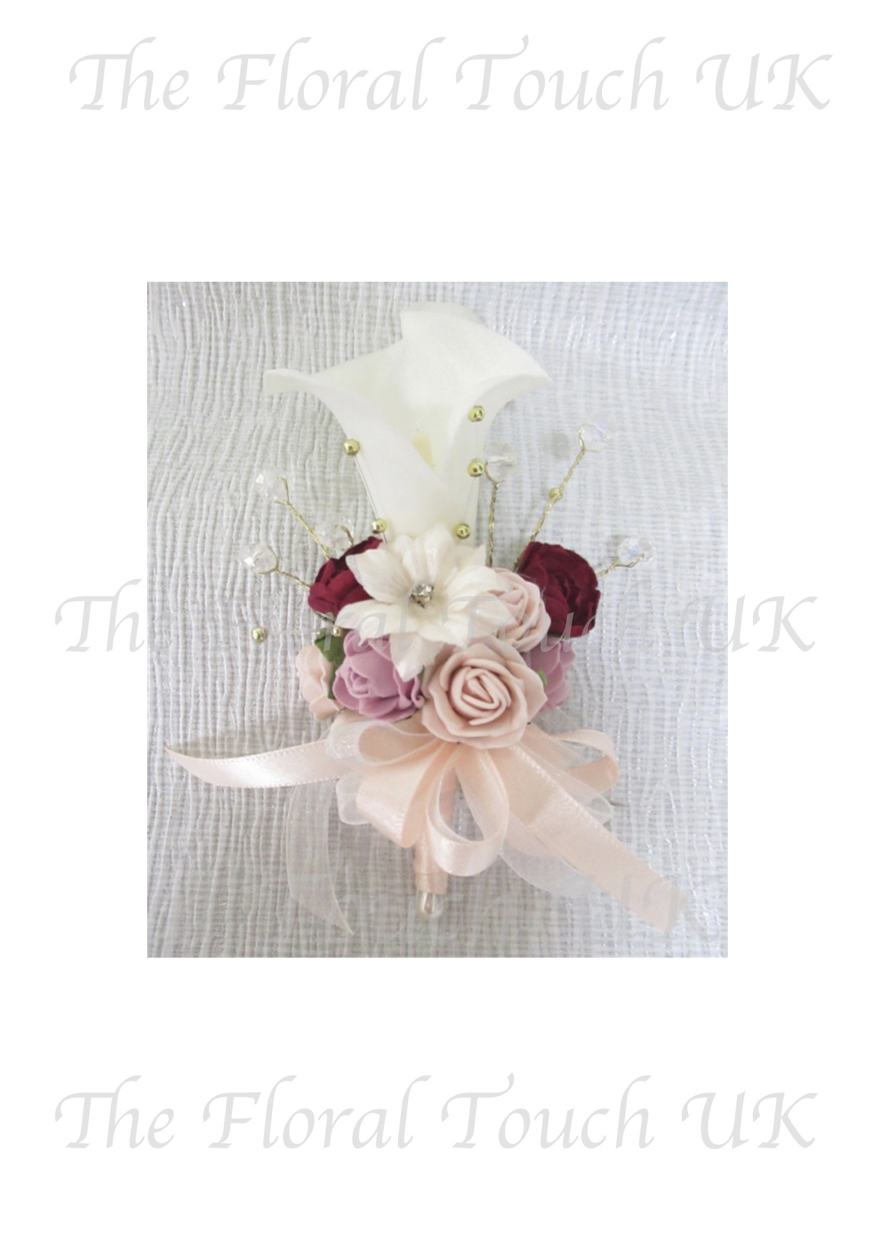 PIN CORSAGE WEDDING FLOWERS  REAL TOUCH LILY  IVORY/BURGUNDY 