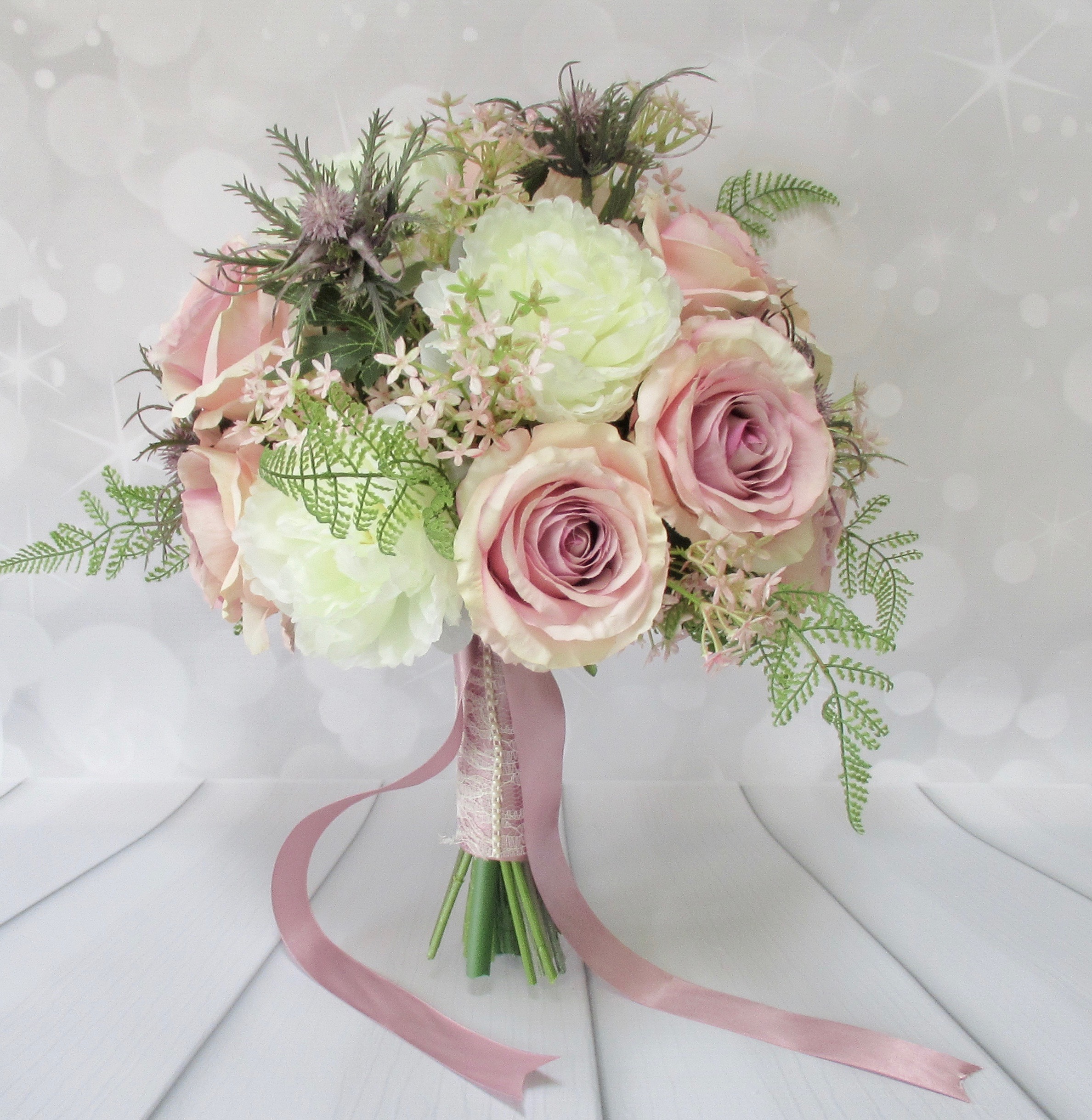 Vintage pink and ivory posy with lace Brides Wedding Flowers pearls & diamante 