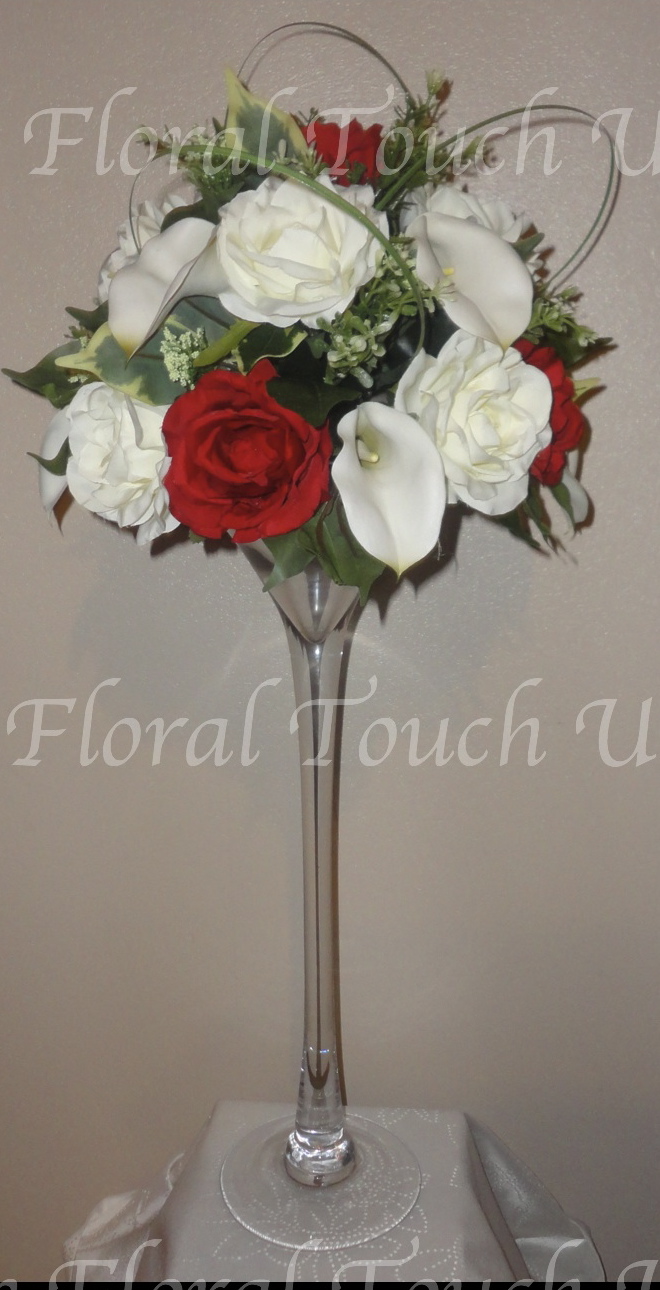 red and ivory wedding flowers, red and ivory centrepiece, red wedding centrepiece