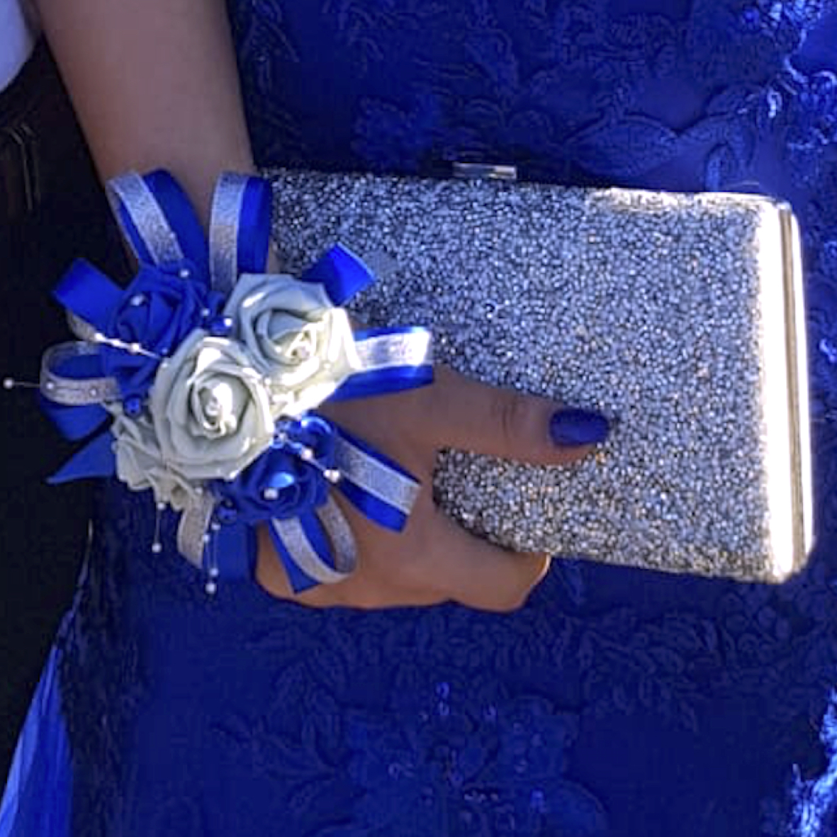 wrist corsage for royal blue dress Single Royal Blue Rose on Black Wrist Corsage & Boutonniere Combo