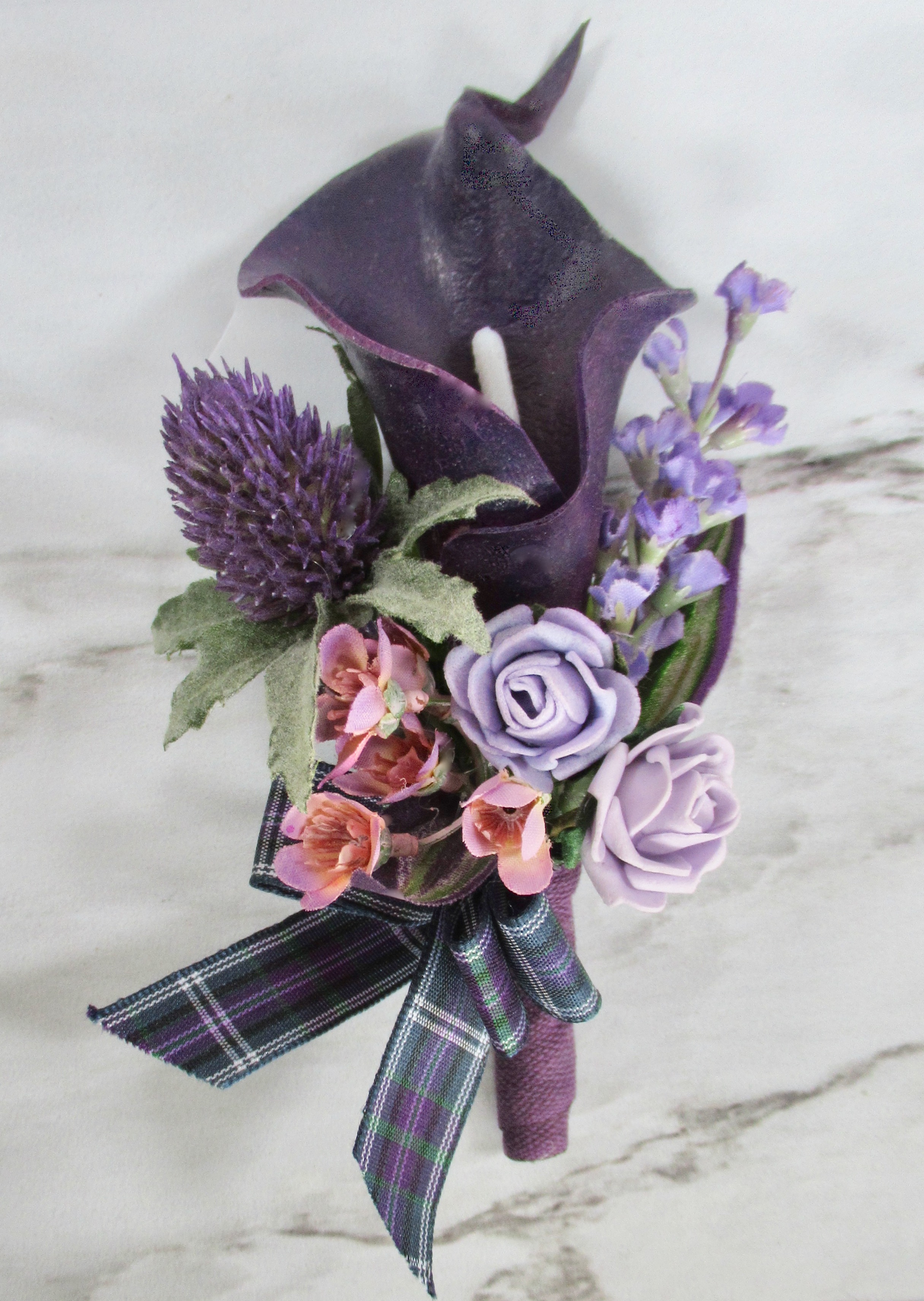 Purple Calla lily & thistle Corsage, buttonhole, budget wedding corsage