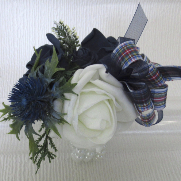 Scottish inspired wrist corsage, wrist corsage with tartan ribbon, prom corsage with thistles