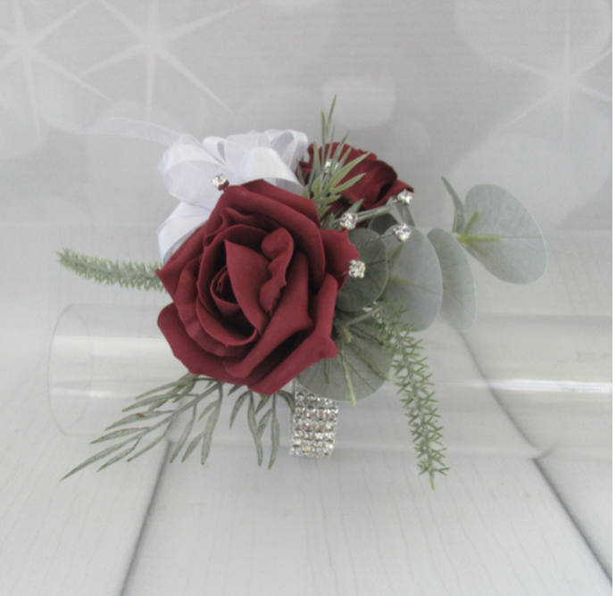 Burgundy Wrist Corsage with diamantes/crystals