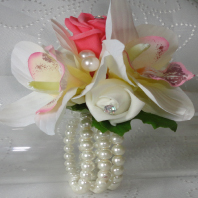 Coral and Ivory Rose & Orchid Wrist Corsage